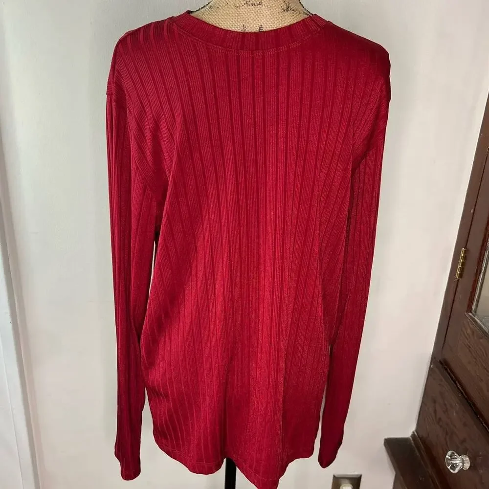 Vintage 90s Red Ribbed Knit Shirt Mens Medium Slim Fit Stretch